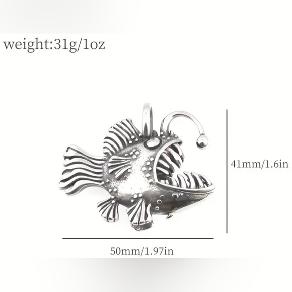 New! MEN'S Angler Fish Stainless Steel Pendant Necklace. - Picture 5 of 6